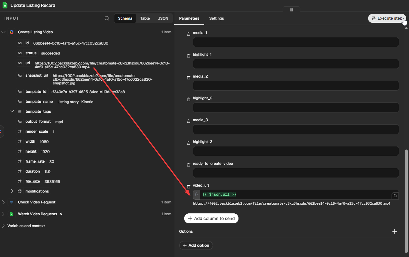 n8n Google Sheets node mapping the completed Creatomate video URL to the video_url column.