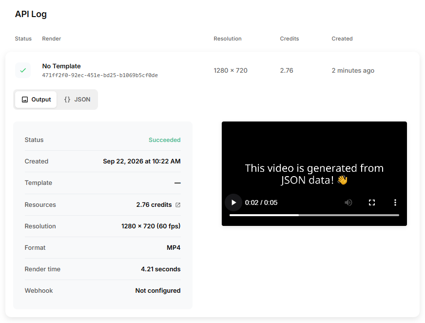 Creatomate API Log showing a video render with the Succeeded status.
